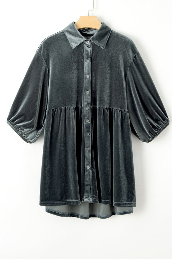 PACK2554263-P2011-1, Dark Grey 3/4 Sleeve Tunic Babydoll Velvet Shirt