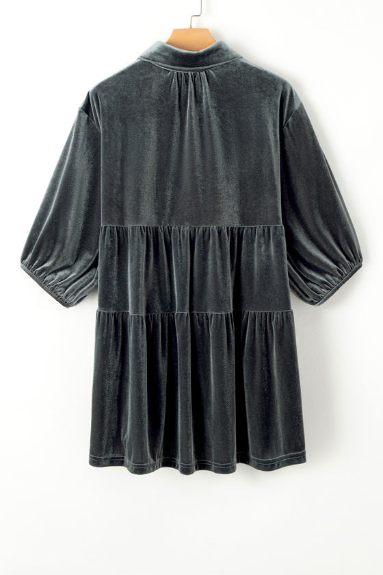 PACK2554263-P2011-1, Dark Grey 3/4 Sleeve Tunic Babydoll Velvet Shirt