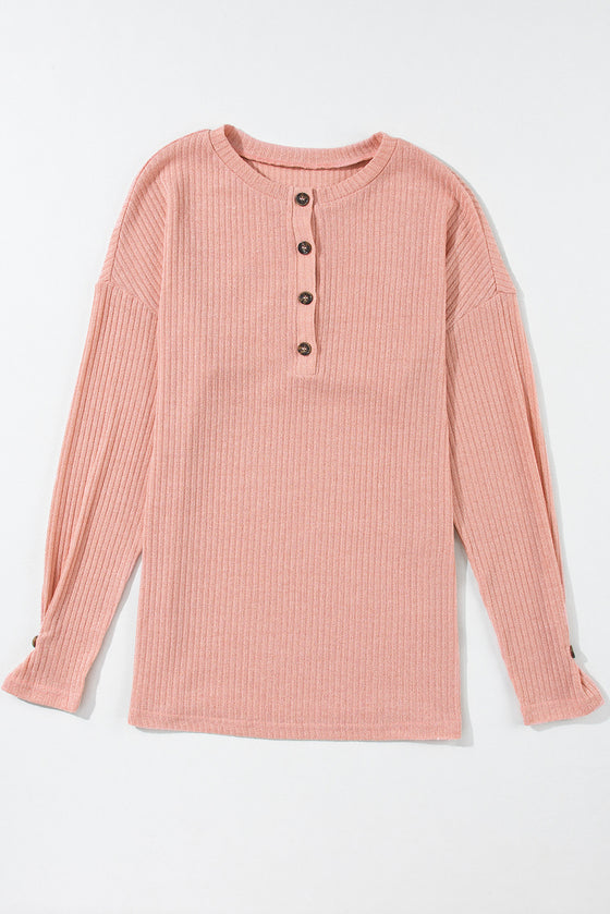 PACK25223369-P8010-1, Rose Tan Rib Textured Henley Knit Top