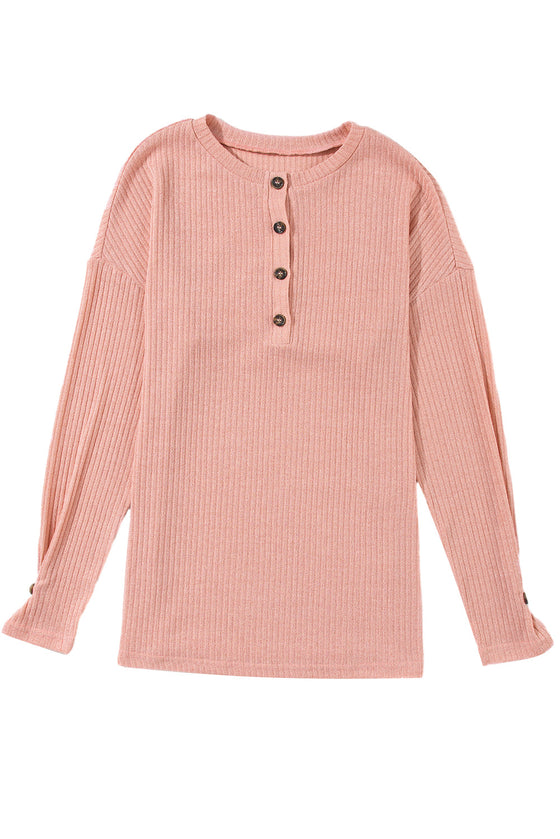 PACK25223369-P8010-1, Rose Tan Rib Textured Henley Knit Top