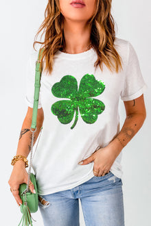  PACK25224602-1-1, White Sequin Clover Patch Graphic St Patrick Fashion Tee