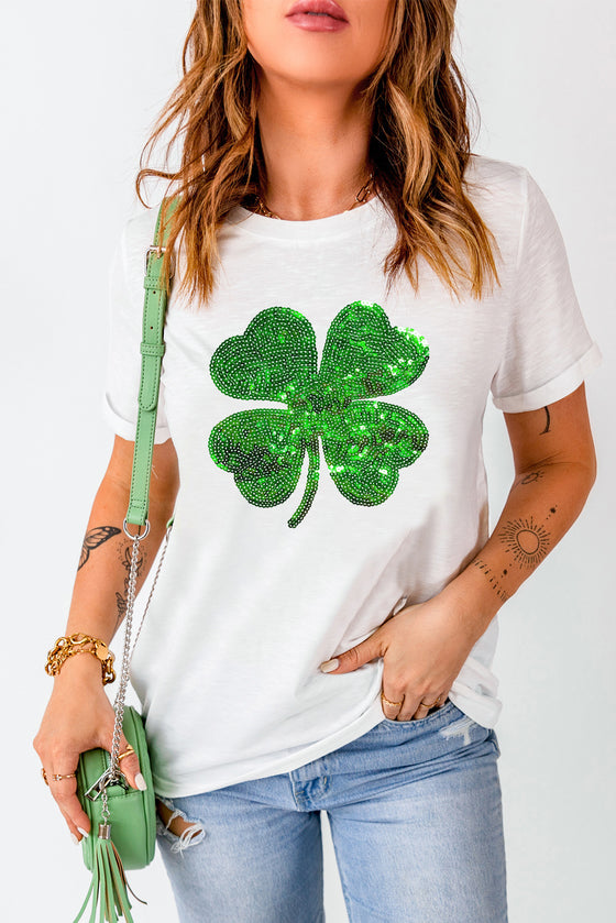 PACK25224602-1-1, White Sequin Clover Patch Graphic St Patrick Fashion Tee