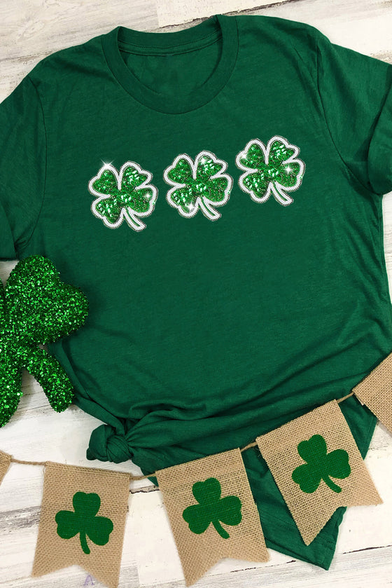 PACK25224607-9-1, Green St Patrick Clover Patch Sequin Graphic T-shirt