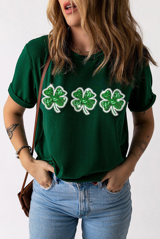PACK25224607-9-1, Green St Patrick Clover Patch Sequin Graphic T-shirt