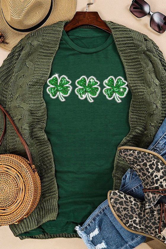 PACK25224607-9-1, Green St Patrick Clover Patch Sequin Graphic T-shirt