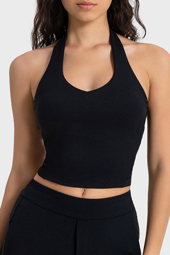 LC264667-P2-S, LC264667-P2-M, LC264667-P2-L, LC264667-P2-XL, Black Solid Color U Neck Halter Neck Sports Active Bra