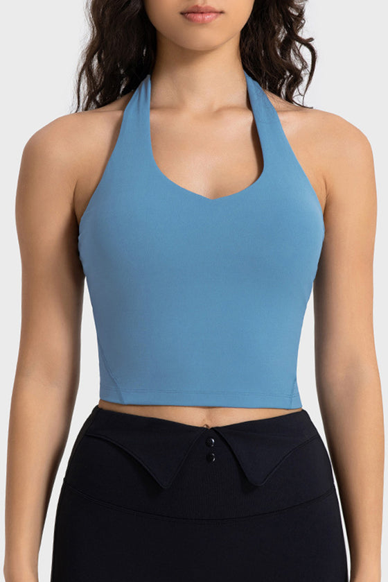 LC264667-P704-S, LC264667-P704-M, LC264667-P704-L, LC264667-P704-XL, Dusk Blue Solid Color U Neck Halter Neck Sports Active Bra