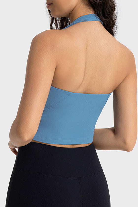 LC264667-P704-S, LC264667-P704-M, LC264667-P704-L, LC264667-P704-XL, Dusk Blue Solid Color U Neck Halter Neck Sports Active Bra