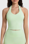 LC264667-P2009-S, LC264667-P2009-M, LC264667-P2009-L, LC264667-P2009-XL, Meadow Mist Green Solid Color U Neck Halter Neck Sports Active Bra