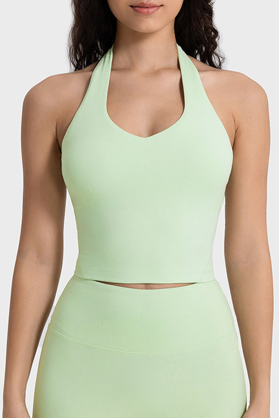LC264667-P2009-S, LC264667-P2009-M, LC264667-P2009-L, LC264667-P2009-XL, Meadow Mist Green Solid Color U Neck Halter Neck Sports Active Bra
