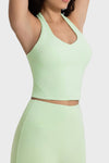 LC264667-P2009-S, LC264667-P2009-M, LC264667-P2009-L, LC264667-P2009-XL, Meadow Mist Green Solid Color U Neck Halter Neck Sports Active Bra