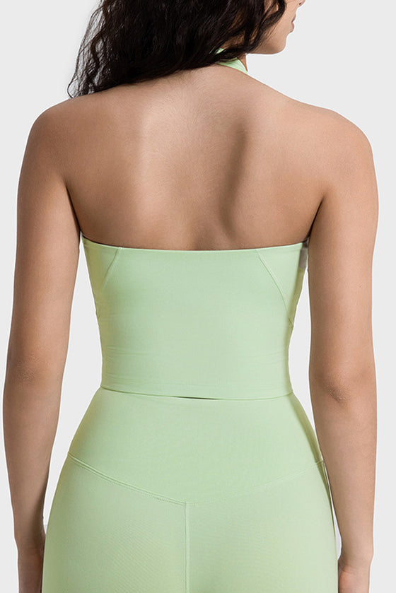 LC264667-P2009-S, LC264667-P2009-M, LC264667-P2009-L, LC264667-P2009-XL, Meadow Mist Green Solid Color U Neck Halter Neck Sports Active Bra