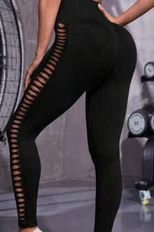  LC265455-P2-S, LC265455-P2-M, LC265455-P2-L, Black Strappy Hollowed High Waist Sports Leggings