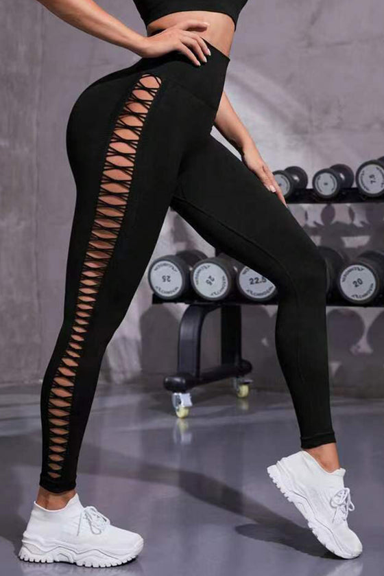 LC265455-P2-S, LC265455-P2-M, LC265455-P2-L, Black Strappy Hollowed High Waist Sports Leggings