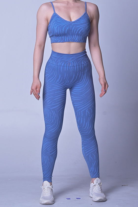 LC2611607-P419-S, LC2611607-P419-M, LC2611607-P419-L, Sky Blue Stripe Water Ripple Active Bra and Seamless Leggings Workout Sets