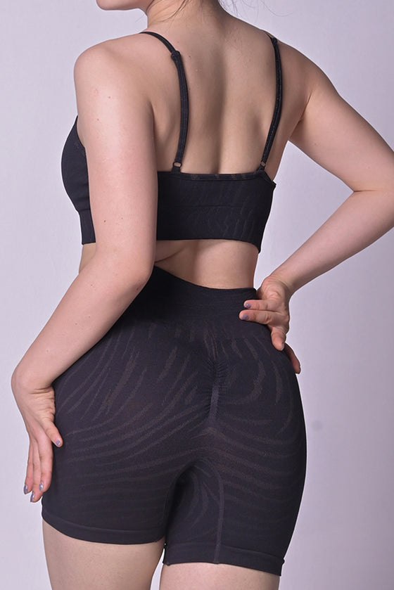 LC2611608-P219-S, LC2611608-P219-M, LC2611608-P219-L, Black Stripe Water Ripple Sports Bra and High Waist Shorts Set