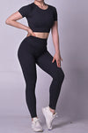 LC2611609-P219-S, LC2611609-P219-M, LC2611609-P219-L, Black Stripe Printed Crop Short Sleeve Top and Leggings Yoga Set
