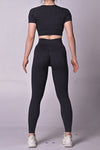 LC2611609-P219-S, LC2611609-P219-M, LC2611609-P219-L, Black Stripe Printed Crop Short Sleeve Top and Leggings Yoga Set