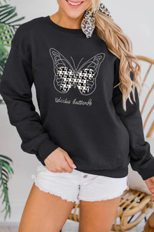  LC25317189-2-S, LC25317189-2-M, LC25317189-2-L, LC25317189-2-XL, PACK25317189-2-1, Black Butterfly Print Rhinestone Pullover Sweatshirt