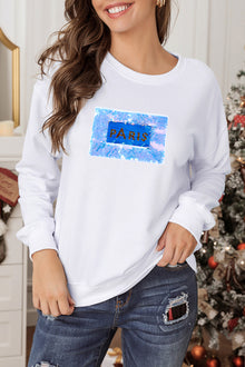  LC25317190-1-S, LC25317190-1-M, LC25317190-1-L, LC25317190-1-XL, PACK25317190-1-1, White Sequined PARIS Graphic Long Sleeve Sweatshirt