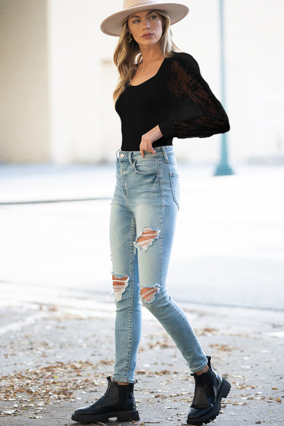 PACK6421585-P2-1, Black Frenchy Contrast Lace Bishop Sleeve Bodysuit