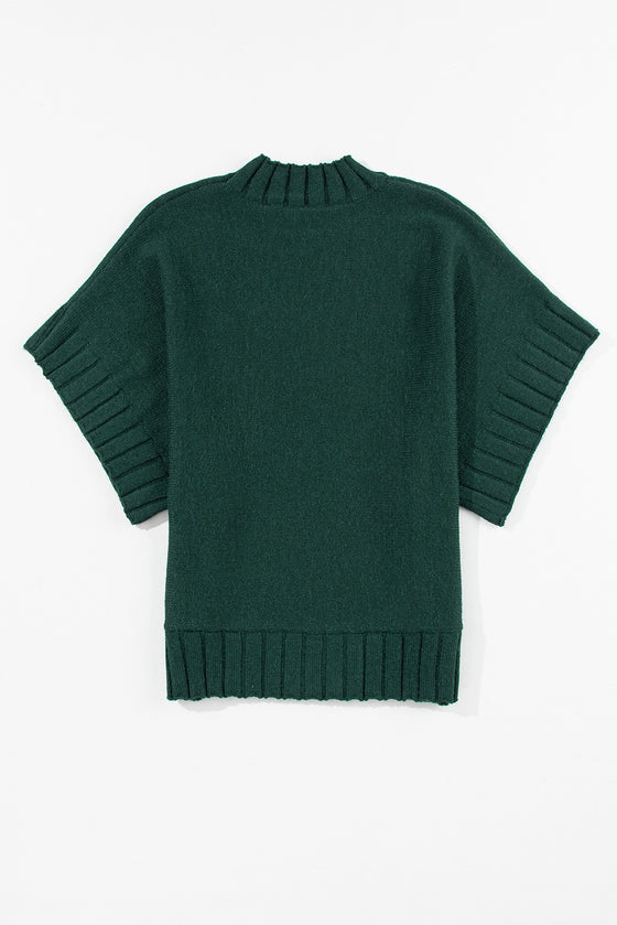 PACK2724426-P309-1, Blackish Green Mock Neck Batwing Short Sleeve Knit Sweater