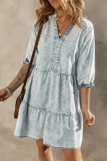  PACK786532-P704-1, Dusk Blue Acid Wash Retro Half Sleeve Flared Denim Dress