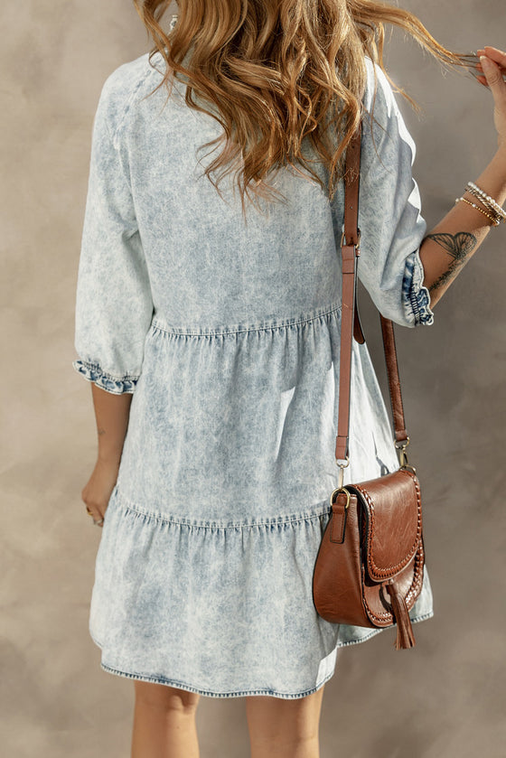 PACK786532-P704-1, Dusk Blue Acid Wash Retro Half Sleeve Flared Denim Dress