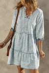 PACK786532-P704-1, Dusk Blue Acid Wash Retro Half Sleeve Flared Denim Dress