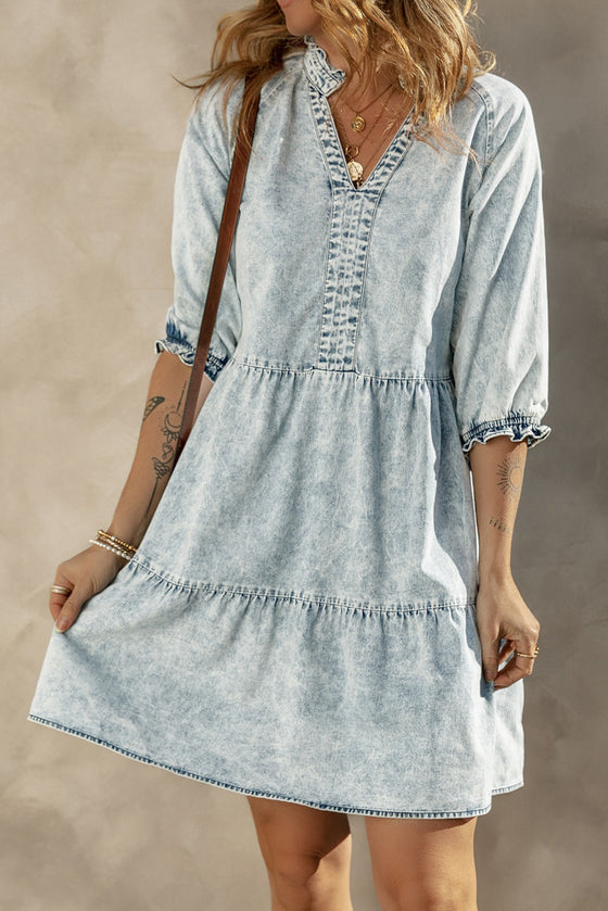 PACK786532-P704-1, Dusk Blue Acid Wash Retro Half Sleeve Flared Denim Dress