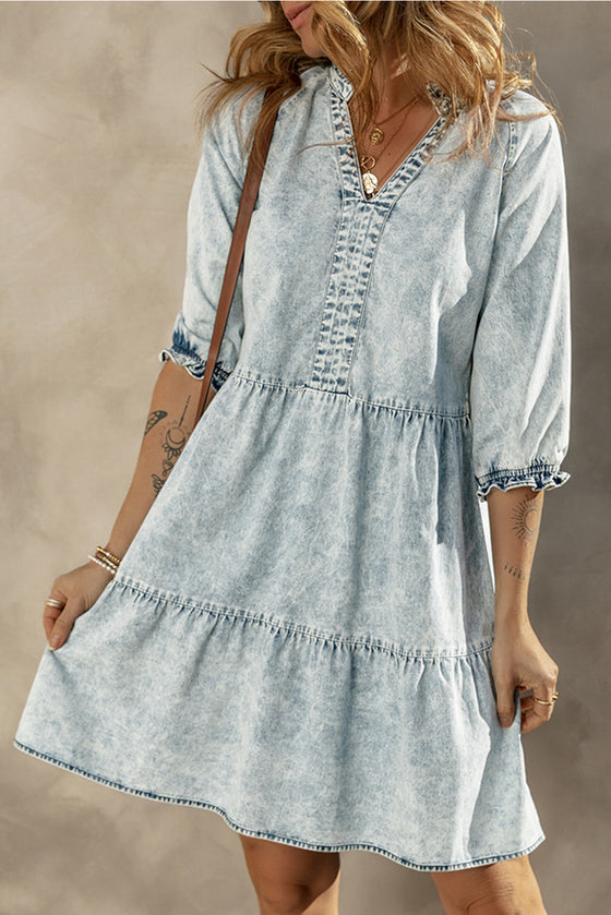 PACK786532-P704-1, Dusk Blue Acid Wash Retro Half Sleeve Flared Denim Dress