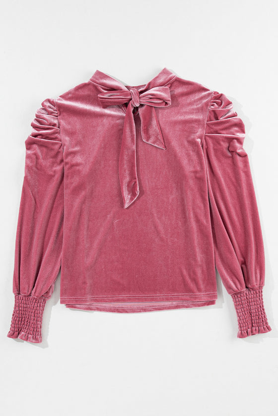 PACK25123529-P4010-1, Peach Blossom Fiery Mock Neck Puff Sleeve Velvet Blouse