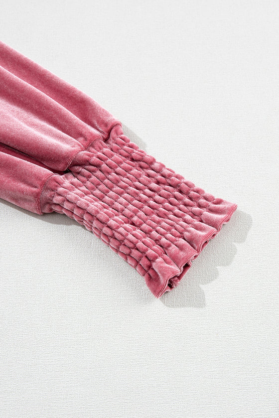 PACK25123529-P4010-1, Peach Blossom Fiery Mock Neck Puff Sleeve Velvet Blouse