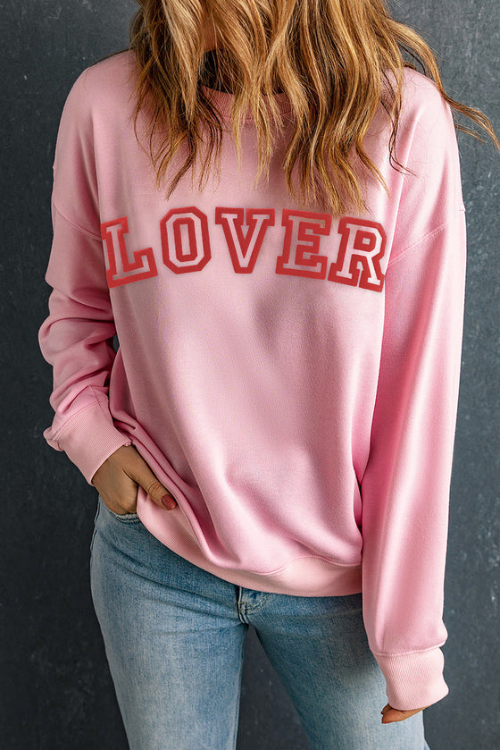 PACK25317102-10-1, PACK25317102-10-2, Pink LOVER Puff Print Drop Shoulder Pullover Sweatshirt