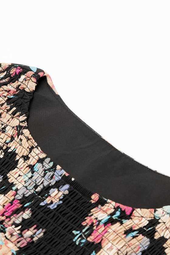 PACK6117674-2-1, Black Floral Smocked Round Neck Ruffle Tiered Dress