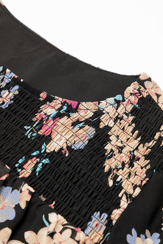 PACK6117674-2-1, Black Floral Smocked Round Neck Ruffle Tiered Dress