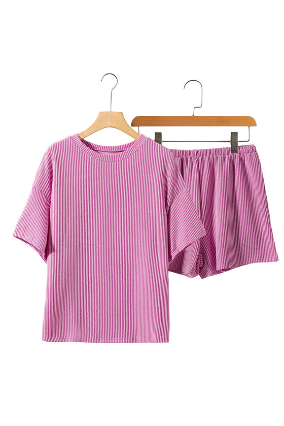 PACK625586-P608-1, Phalaenopsis Ribbed Textured Knit Loose Fit Tee and Shorts Set
