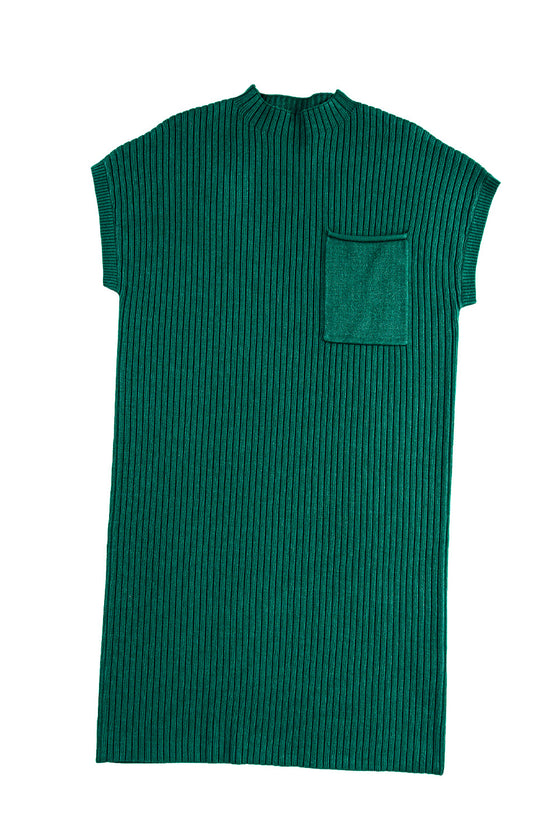 PACK273653-P309-1, Blackish Green Patch Pocket Ribbed Knit Short Sleeve Sweater Dress