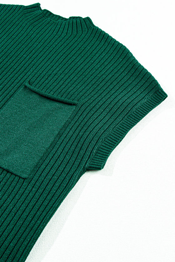PACK273653-P309-1, Blackish Green Patch Pocket Ribbed Knit Short Sleeve Sweater Dress