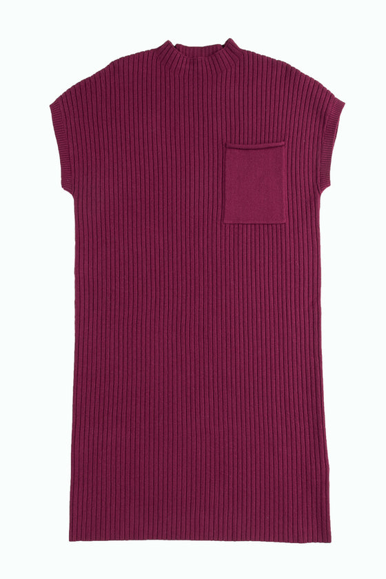 PACK273653-P403-1, Red Dahlia Patch Pocket Ribbed Knit Short Sleeve Sweater Dress