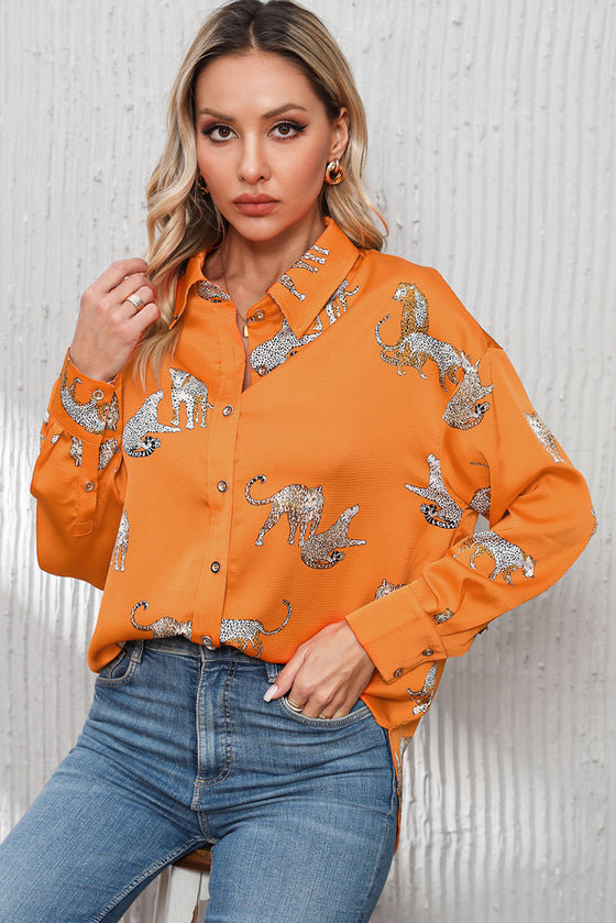 PACK2554199-P7014-1, Russet Orange Cheetah Animal Print Button Up Satin Shirt