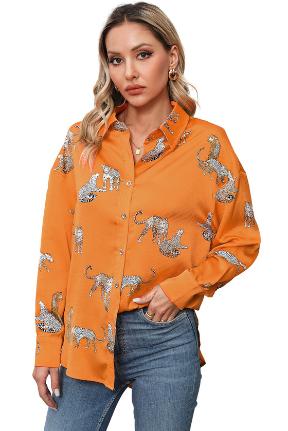 PACK2554199-P7014-1, Russet Orange Cheetah Animal Print Button Up Satin Shirt