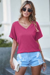 PACK25223652-P106-2, Bright Pink Crinkled V Neck Wide Sleeve T-shirt