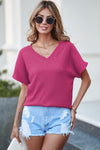 PACK25223652-P106-2, Bright Pink Crinkled V Neck Wide Sleeve T-shirt