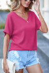 PACK25223652-P106-2, Bright Pink Crinkled V Neck Wide Sleeve T-shirt