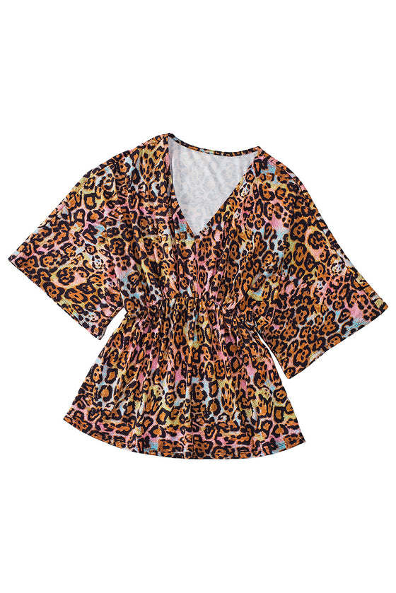 PACK25126133-P122-1, White Leopard Print Wide Sleeve Peplum Hem Blouse