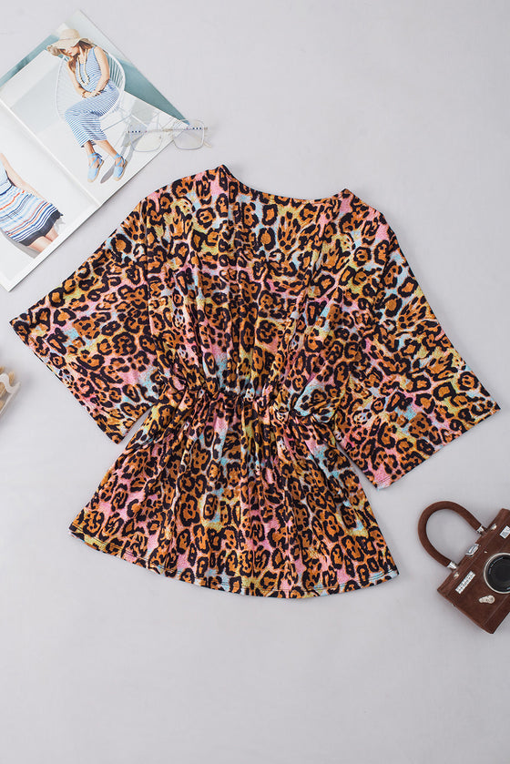 PACK25126133-P122-1, White Leopard Print Wide Sleeve Peplum Hem Blouse