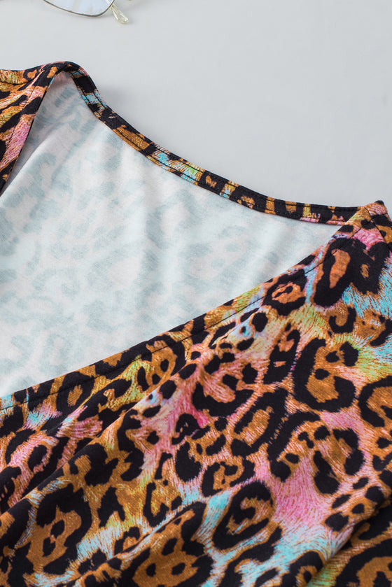 PACK25126133-P122-1, White Leopard Print Wide Sleeve Peplum Hem Blouse