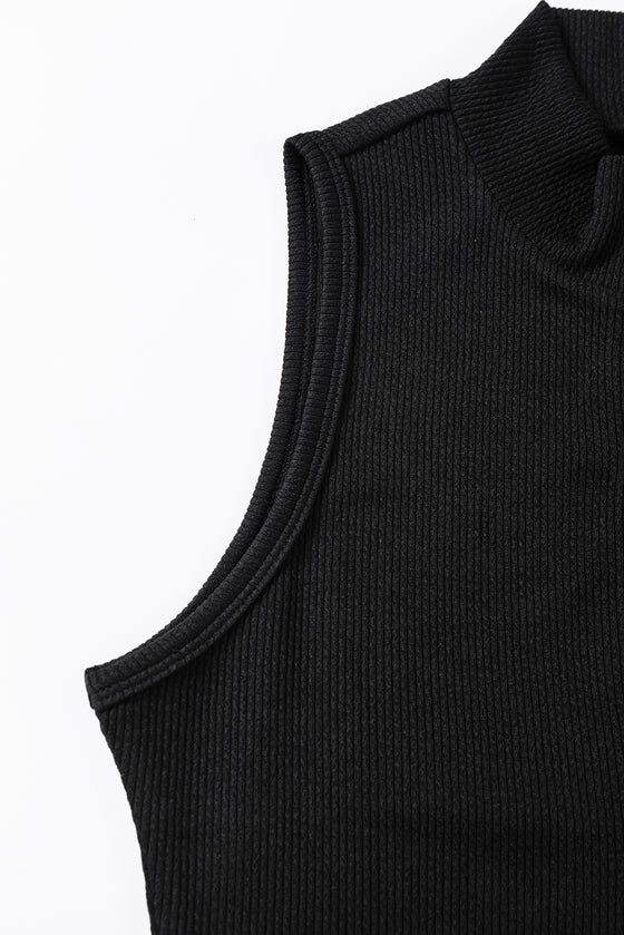 PACK6421665-P2-1, Black Zip up Mock Neck Ribbed Sleeveless Bodysuit