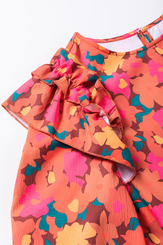 PACK6118619-P622-1, Rose Red Ruffle Shoulder Long Sleeve Floral Mini Dress